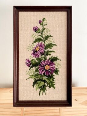 Vintage Framed Needlepoint Floral Purple Aster Wall Art